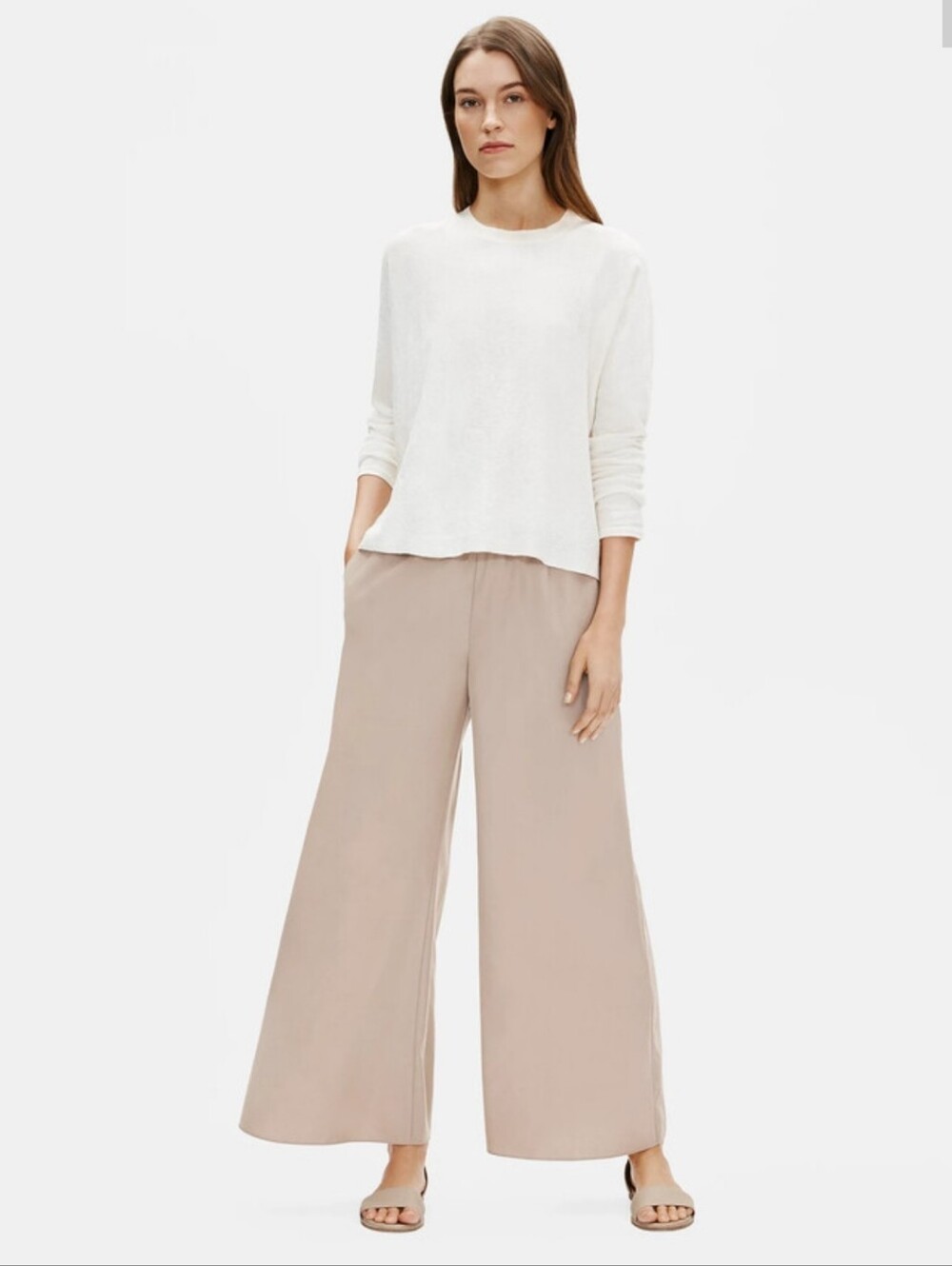 Eileen Fisher Neutral Pull On Wide Leg Pants PS